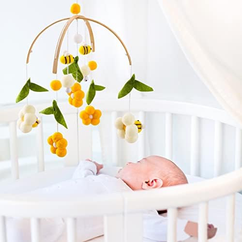 Baby Mobile for Crib Crib Nursery Mobile for Boys Girls Boho Bee Flower Nursery Decor Soothe Toy Baby Shower Set for Infant Bedroom Hanging Decoration Toy(Bee) 4