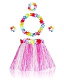 Fortuning's JDS Girl's Hawaiian Hula Grass Skirt Matching Elastic Flowers Kids Costume Set for Luau Tropical Beach Party