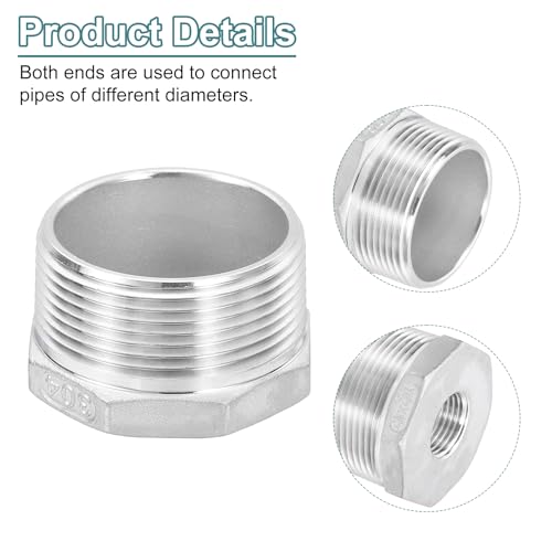Image of uxcell 2Pcs 1-1 /2 inch Male NPT to 1 /2 inch Female NPT 304 Stainless Steel Reducer Hex Bushing, Reducing Cast Pipe Adapter Fitting for industrial, oil /gas, water, HVAC, and plumbing systems