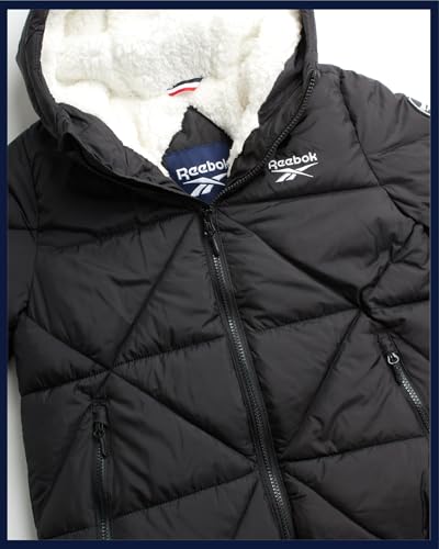 Image of Reebok Girls Heavyweight Quilted Cropped Puffer Parka with Sherpa Lining | Plush Faux-Fur Trim, Wind-Blocking Hood, Deep Pockets for Warm Hands, Modern Silhouette for School and Cold Days