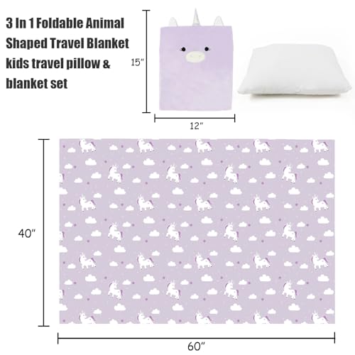 Image of 3-in-1 Kids Travel Pillow and Blanket Set | Snuggle Pillow with Hand Warmer, 40x60 inches Unicorn Blanket for Girls Compact, Perfect for Travel, Camping, Home and Office