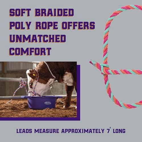 Weaver Livestock Braided Poly Rope Cattle Halter, Adjustable Style Cow Calf Halter, Livestock Handling Equipment for Showing, Hot Pink/Coral/Mint — view 2