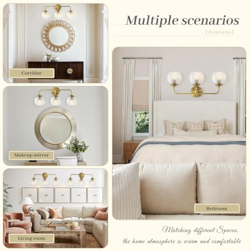 Image of Vintage Wall sconces Bathroom Vanity Lights Over Mirror 3 Light Gold Wall sconce with clear Glass Shade mid Century modern Wall Sconce Glass globe wall lamp Wall Lighting for Bedroom Doorway Hallway