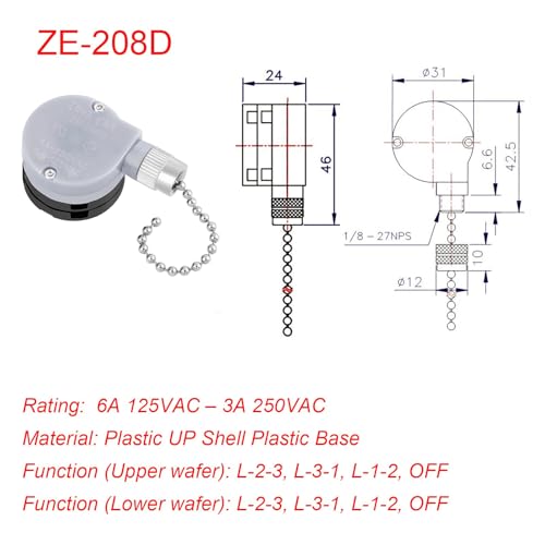 Image of Ceiling Fan Switch ZE-208D, 3 Speed 5-8 Wire Ceiling Fan Replacement Parts Appliances Fan Speed Control Pull Chain Switch (Nickel Chain)