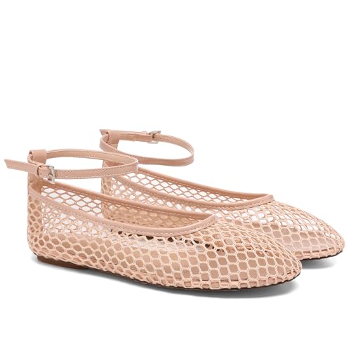 Mesh Ankle Strap Flats for Women Round Toe Ballet Flats Shoes,Casual Mary Jane Flats Comfortable Daily Dress Shoes