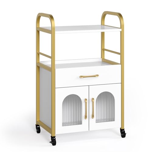 OmySalon Salon Trolley Cart Esthetician Cart with Drawer & Tray Hair Styling Station Lockable Wheels Mobile Storage Cabinet for Beauty Spa Massage Esthetic White Gold