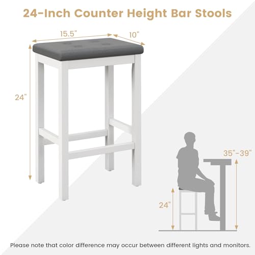 GOFLAME Butaco 24 Pulgadas Set de 2, Banquetas de Altura para Barra con Asiento de Cuero PVC Capitoneado y Reposapiés, Sillas Tapizadas para Pub con Estructura de Madera de Caucho Gris y Blanco miniatura 3