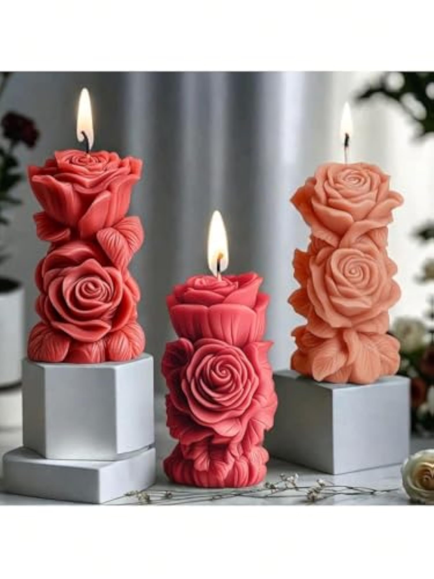 Handcrafted Rose Pillar Candle, Aesthetic Floral Sculpture for Home Decor