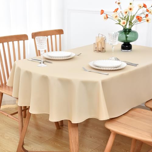 Image of NEWISHER Beige Oval Tablecloth - 133x180 cm (52x70 inch) - Heavy Duty Polyester Fabric Tablecloths, Washable Solid Table Cover for Dining, Kitchen, Home Party, Outdoor Indoor Use