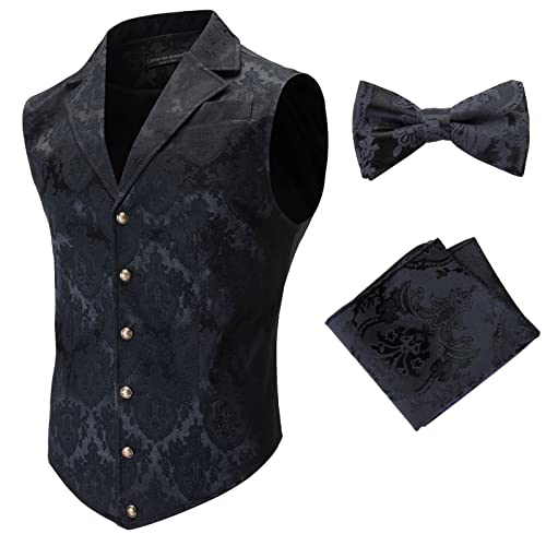 Mens Suit Vest Paisley Floral Victorian Vests Steampunk Gothic Waistcoat & bow tie Pocket Square
