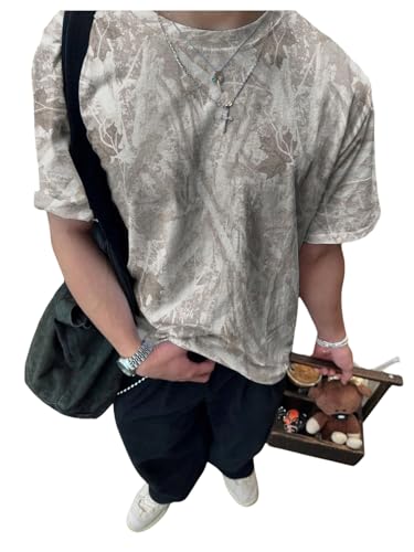 SOLY HUX Men's Camo T Shirt Short Sleeve Maple Leaf Print Vintage Tees Summer Tops Streetwear
