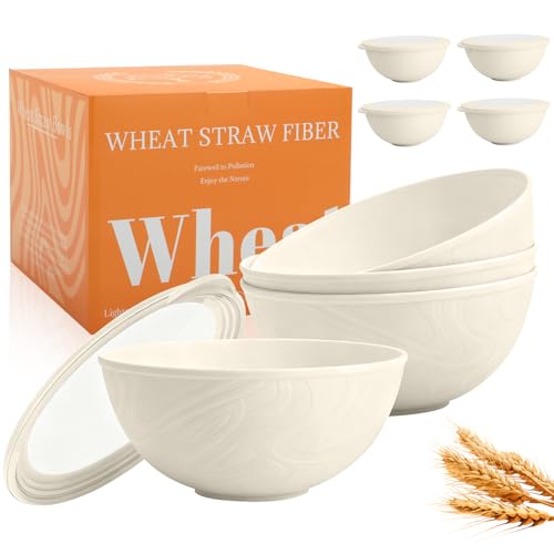 Image of Wheat Straw Bowls Set with Lids, Unbreakable 40 OZ Large Cereal Bowls Set of 4, Salad Container for Lunch, Microwave & Dishwasher Safe Bowl Set for Kitchen, Picnic, RV, Camping, Beige