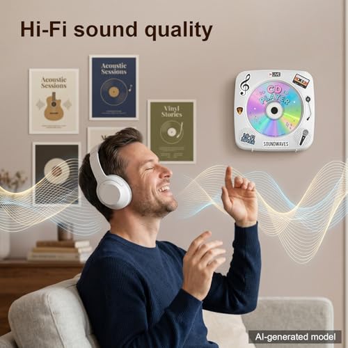 Image of Gueray Portable CD Player Bluetooth: CD Players for Home Rechargeable Desktop Wall Portable CD Player with Bluetooth & Dual Speakers 1800mAh Boombox FM Radio MP3 Music Player (Light White)