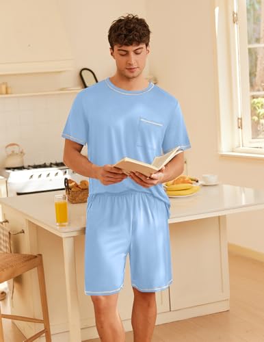 Image of Ekouaer Men's Pajamas Set Casual Short Sleeve Shirts and Shorts Soft 2 Piece Loungewear With Pockets