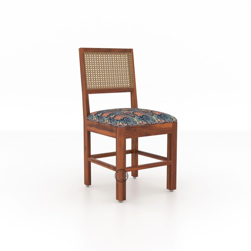 Image of VK Furniture Sheesham Solid Wood 4 Seater Dining Table Set of Four with 4 Print Cushion Cane Chairs for Dinner Hall Kitchen Living Room Home Office Restaurant |L45 X W30 X H30|Honey Finish