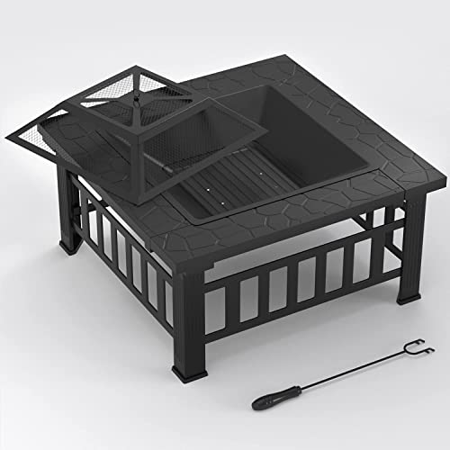 Flamaker Outdoor Fire Pit Table 32 Inch Patio Square Metal Bonfire Pit with Cover Poker and Grate Wood Burning Firepit Backyard Stove Fireplace for Outside Heating Camping