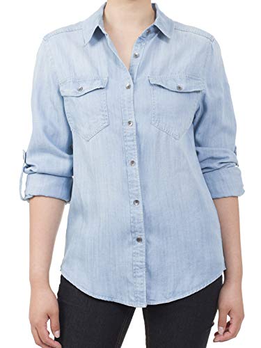 MixMatchy Women's Casual Daily Long/Roll Up Sleeve Button Down Denim Chambray Shirt (S-3XL) Light Denim 2X