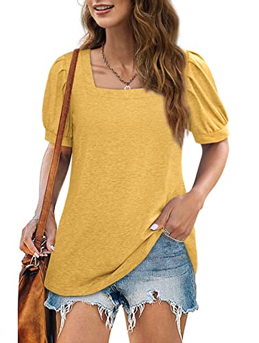 Puff Sleeve Tops For Women Loose Fit T-Shirts Solid Color Tee Shirts Elegant Yellow L #TOP1