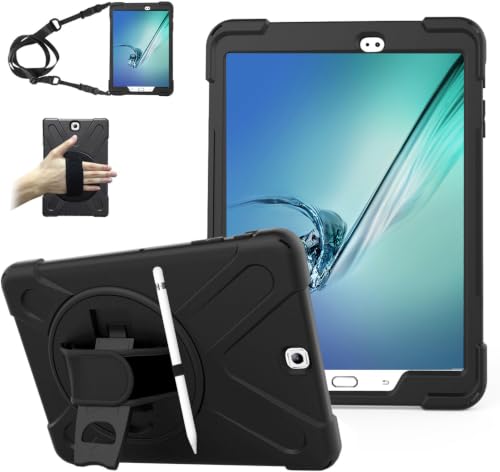AOOCSHEY for Galaxy Tab S2 9.7 inch Case 2015, Heavy Duty Rugged Shockproof Drop Protection Kids Cover w/Rotating Stand Hand Strap Shoulder Strap for Samsung SM-T810/T813/T815/T817/T818/T819, Black