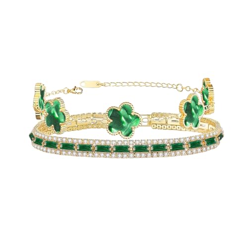2Pcs Stackable Bracelet Set for Women Green Cubic Zirconia Tennis Bracelet Adjustable 18K Gold Plated Clover Bracelet Set Trendy Gifts for Women (Green)