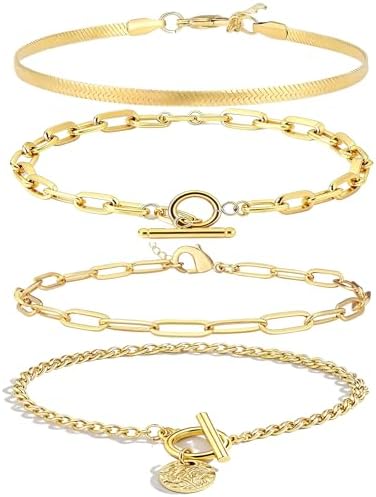 Alegend Titanium Steel (Not Rust, Resist Corruption, Easily Clean) 18K Gold Plated Single Bracelets + 14K Gold Plated Stackable Multilayer Bracelets