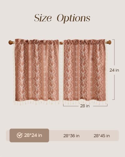 Image of Miss Adola Boho Kitchen Curtains - 24 Inch Length Linen Blend Floral Burnt Orange Cafe Curtains Tassels Tier Curtain Short Drapes Rod Pocket for Bathroom Living Room Windows Light Filtering, 2 Panels