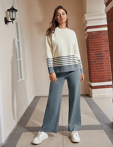 Women's 2 Piece Outfits Sweatsuit Knit Striped Pullover Top Wide Leg Pants Tracksuit Lounge Sets2