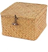 Moosky Wicker Shelf Baskets with Lid, Handwoven Seagrass Storage Basket Bins Square Gift Boxes fo...