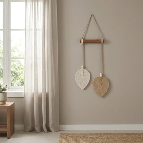 Image of AdFashionble Boho Macrame Wall Hanging Leaf Decor for Home, Living Room & Bedroom | Cotton Thread Art with Wooden Rod | Minimalist Handmade Wall Decoration | Aesthetic Nordic Wall Art for Home, Office & Gift Purpose Lenght- 58 cm Width- 15 cm (LIGHT BROWN & OFFWHITE)