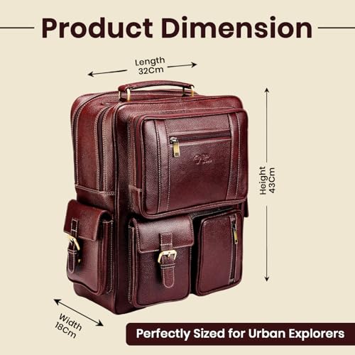 Image of Full Grain Genuine Leather Backpack for men - Spacious 25L for travel and office use with 15.6 inch padded laptop compartment (Brown)