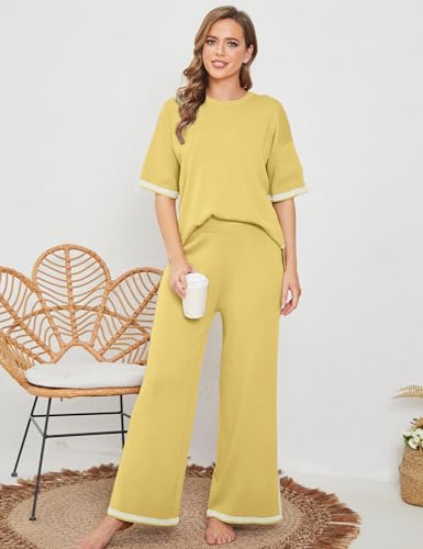 Image of Tanming Sweater Sets Women 2 Piece Lounge Sets Short Sleeve Knit Pullover Tops Wide Leg Pants