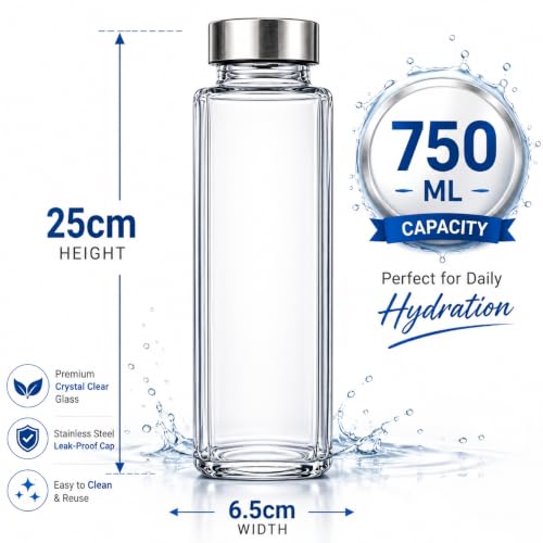 Image of 750ml Premium Square Glass Bottle with Leak Proof Stainless Steel Lid, Glass Juice Bottle for Water, Detox Drinks, Milk, Cold Coffee & Oil, Refrigerator Safe, Pack of 3