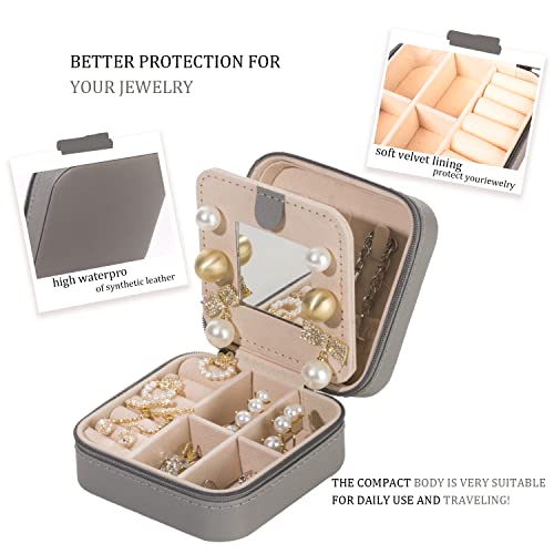 Image of KElofoN Travel jewelry case Travel jewelry box Travel Jewelry Organizer Small Jewelry Organizer Box Gift for Girls Women with Mirror(Grey)