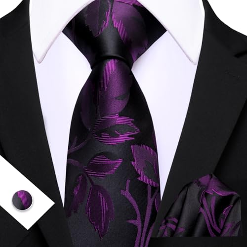 Image of Barry.Wang Flower Ties for Men Silk Woven Floral Tie Sets Necktie Handkerchief Cufflinks Wedding Party