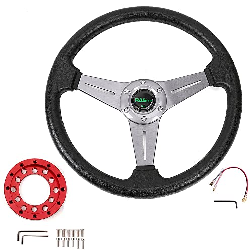 RASTP 13.8”/350mm 6 Bolts Racing Steering Wheel with Sim Racing Gaming Steering Wheel Adapter Plate for Logitech G25 G27(Gray-Red)