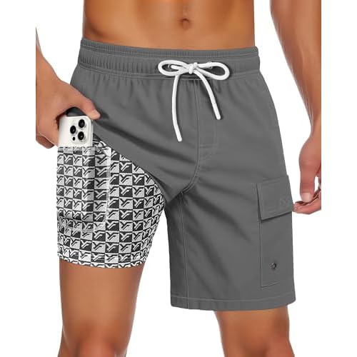 Men Swim Trunks with Compression Liner Quick Dry Breathable Multi Pockets for Summer Beach Cruise Water Park Small Camel Khaki