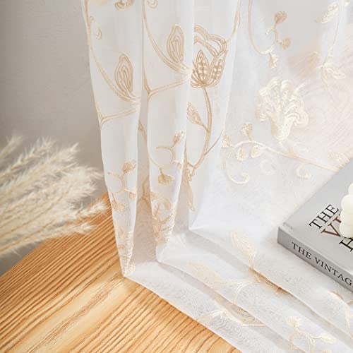 Image of Sheer Curtains Floral Embroidery Beige 84 Inch Long Rod Pocket Lace Drapes for Living room, Bedroom, 2 Panels, 52 inchx84 inch, Semi Voile Pattern Outdoor Window Treatment Sets for Yard, Patio, Villa, Parlor.