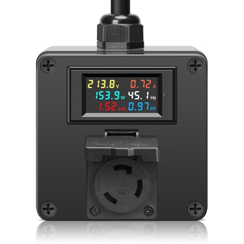 Image of AC Power Meter with Color LCD Display and NEMA L6-30 Plug, 120-240V 30A, Real-Time Voltage, Current, Energy, Frequency, Power Factor Monitoring, Includes Waterproof Cover