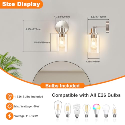 Image of DLLT Wall Sconces Set of Two: Modern Bathroom Vanity Light Fixtures - Nickel Vanity Lights with Clear Glass Shade - Farmhouse Wall Lamp for Bedroom Living Room Mirror Hallway Kitchen
