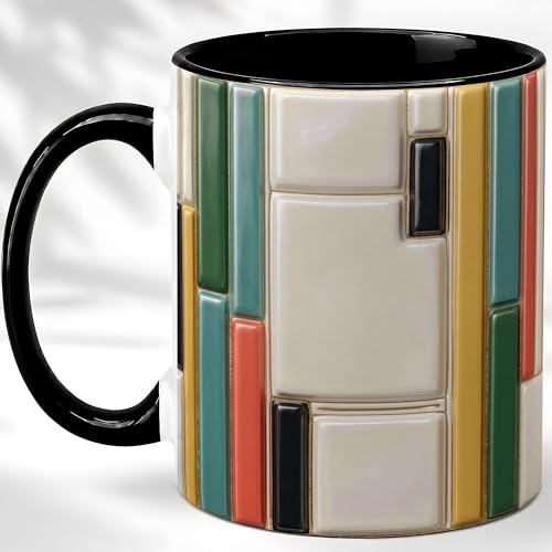 Taza de café con patrón geométrico y asa roja miniatura 1