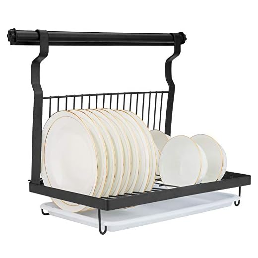 Eastore Life Wall-mounted Dish Rack with Hanging Rod, Foldable Dish Drying Rack with Drainboard, Stainless Steel Dish Drainer, Black