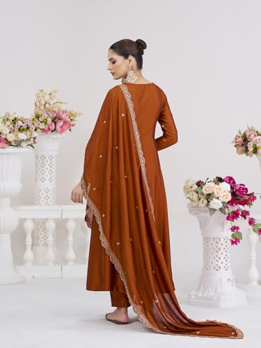 Image of MOKOSH Women's Silk Embroidery Anarkali Kurta Pant with Dupatta | Women's Anarkali Kurta Set | 3 Piece Ethnic Outfit with Dupatta | Round Neck Full Sleeve