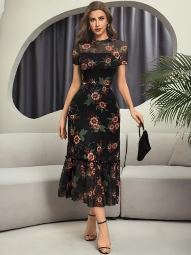 Image of GothDark Women's Summer Floral Mesh Ruffle Dress Short Sleeve Round Neck Waist Cinched Casual Maxi Wedding Guest Dresses