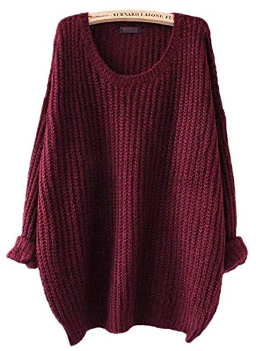 ARJOSA Women's Casual Loose Knit Crew Neck Oversized Pullover Sweater Jumper Tops (Wine Red)