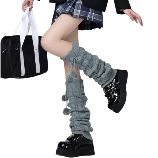 HYTENSUN Knit Leg Warmers with Pom-Poms Cute Winter Knee High Kawaii Boot Socks for Teens & Women Soft Ribbed Warmers for Skirts & Dresses Grey