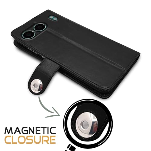 Image of Pikkme Flip Cover Leather Finish | Inside TPU with Card Pockets | Wallet Stand and Shock Proof | Complete Protection Button Flip Case for OnePlus Nord 4 5G (Black)