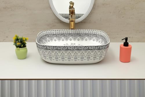 Image of Archstone Wash Basin for Bathroom-1Year Warranty- Tabletop Washbasin - Ceramic Glossy Rectangle Designer Moroccan Countertop Vessel Sink, Dining Hall & Vanity 33x45x14.5 cm (Grey Moroccan)