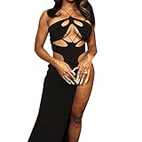 Women's Split Dress Front Hollow Off Shoulder Side Maxi Dress Halter Backless Bodycon Lady Long Dres