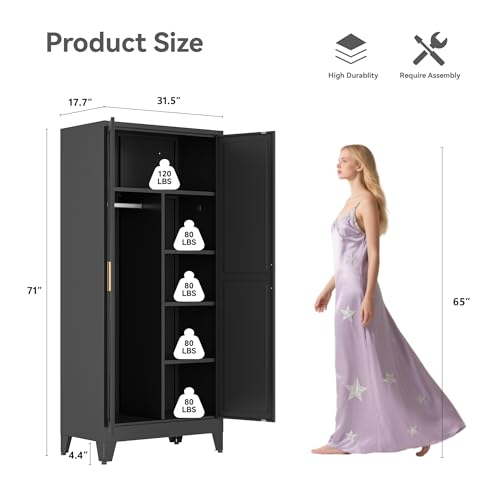 Image of Metal Broom Closet Cabinet, Utility Storage Cabinet with 4 Shelves, Farmhouse Metal Closet with Doors, 71 inch Tall Storage Cabinets with Hanging Rod and Clothing Shelf for Hallway Laundry Mudroom