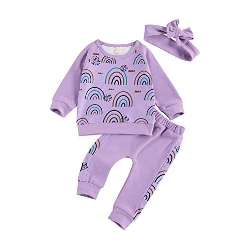 XIAOXUEG Newborn Baby Girl Outifts Long Sleeve Pullover + Long Pants + Headband 3PCS Toddler Girl Clothes (Purple Rainbow, 9-12 Months)